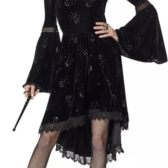 Plus Size 2X Coven Black Velvet Hooded Dress Spirit Stars Moon Celestial Witch - Picture 13 of 14